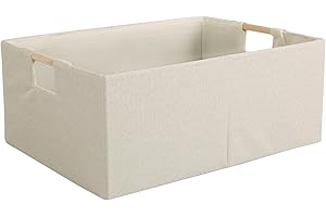LaMorée Fabric Storage Bin Box Foldable Cotton Linen Storage Basket with Wooden Handles Rectangular Cube Decorative Home Laundry Organizer Clothes Blanket Container - Beige, Small