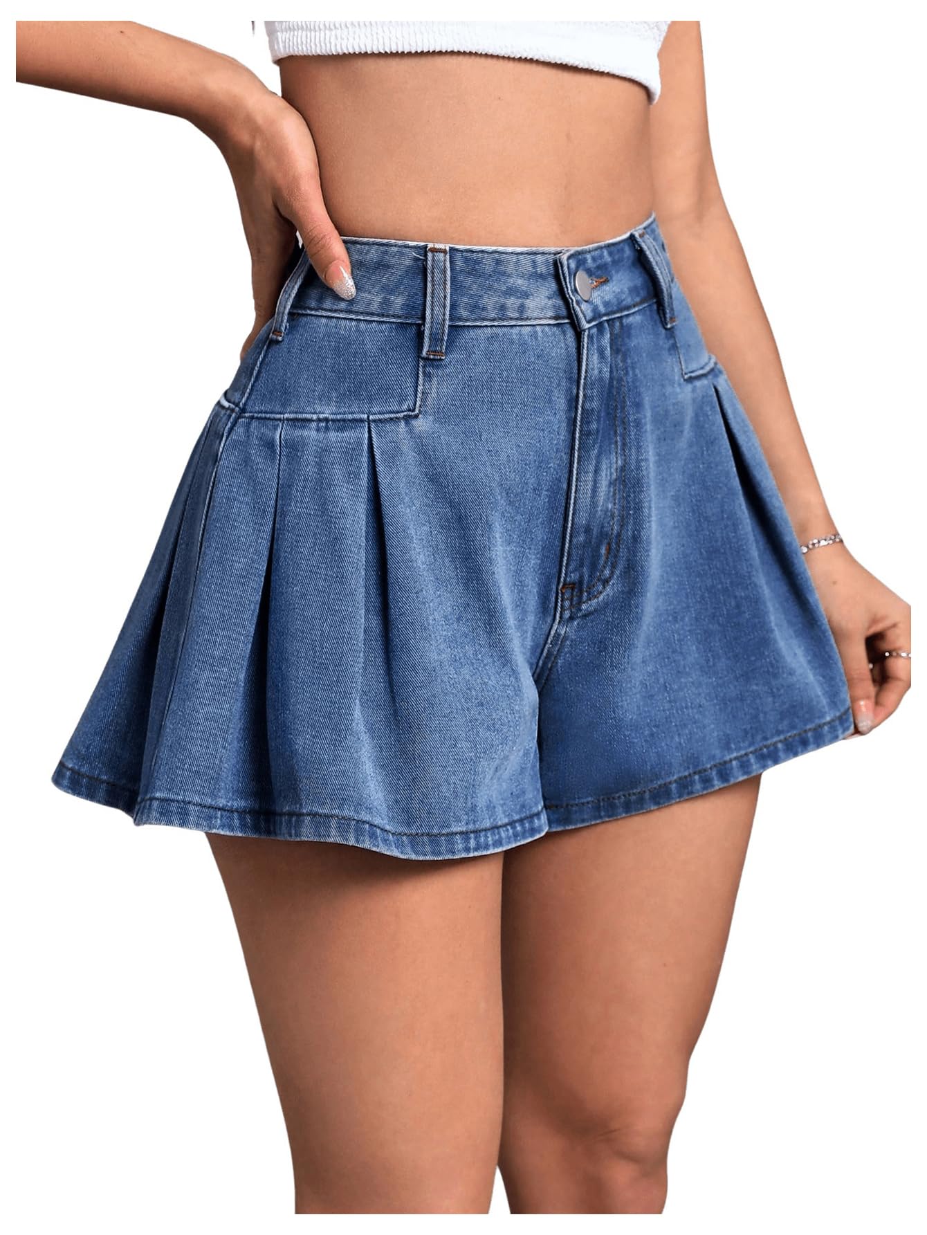 Wide-leg mid-wash denim shorts