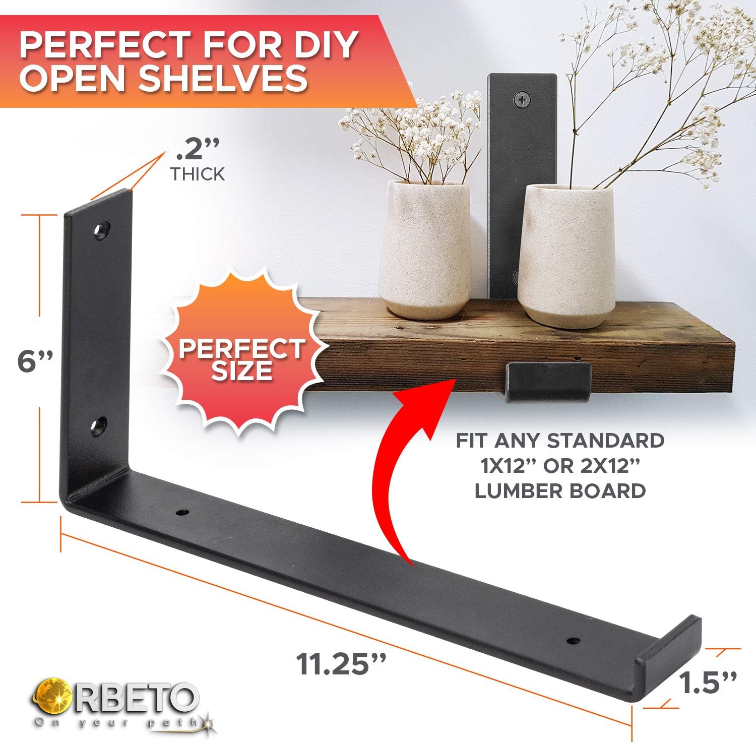 L Shape Shelf Brackets with Lip for 12 Inch Shelves Set of 4 Heavy Duty Iron for DIY Floating Shelves in Rustic Industrial Farmhouse Style - Hardware Included - Bonus Magnetic Pocket Level - Black: Home Improvement
