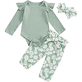 MOBJVIY Toddler Baby Girl Clothes Cotton Rib Knit Long Sleeve Romper Daisy Pants Headband Newborn Girl Outfits 3PCS