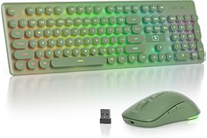 SbocKeeb Backlit Wireless Keyboard and Mouse Green, Quiet Typewriter Keyboard with Round Keys, Rechargeable & Light Up Letter