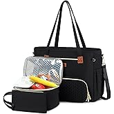 AIJIEKE Lunch Tote Bag, 15.6 inch Laptop Bag with Insulated Lunch Box Compartment, Quilted Large Capacity Computer Handbag with Cooler Lunch Bag Purse for Casual Work Nurse Office College, Black