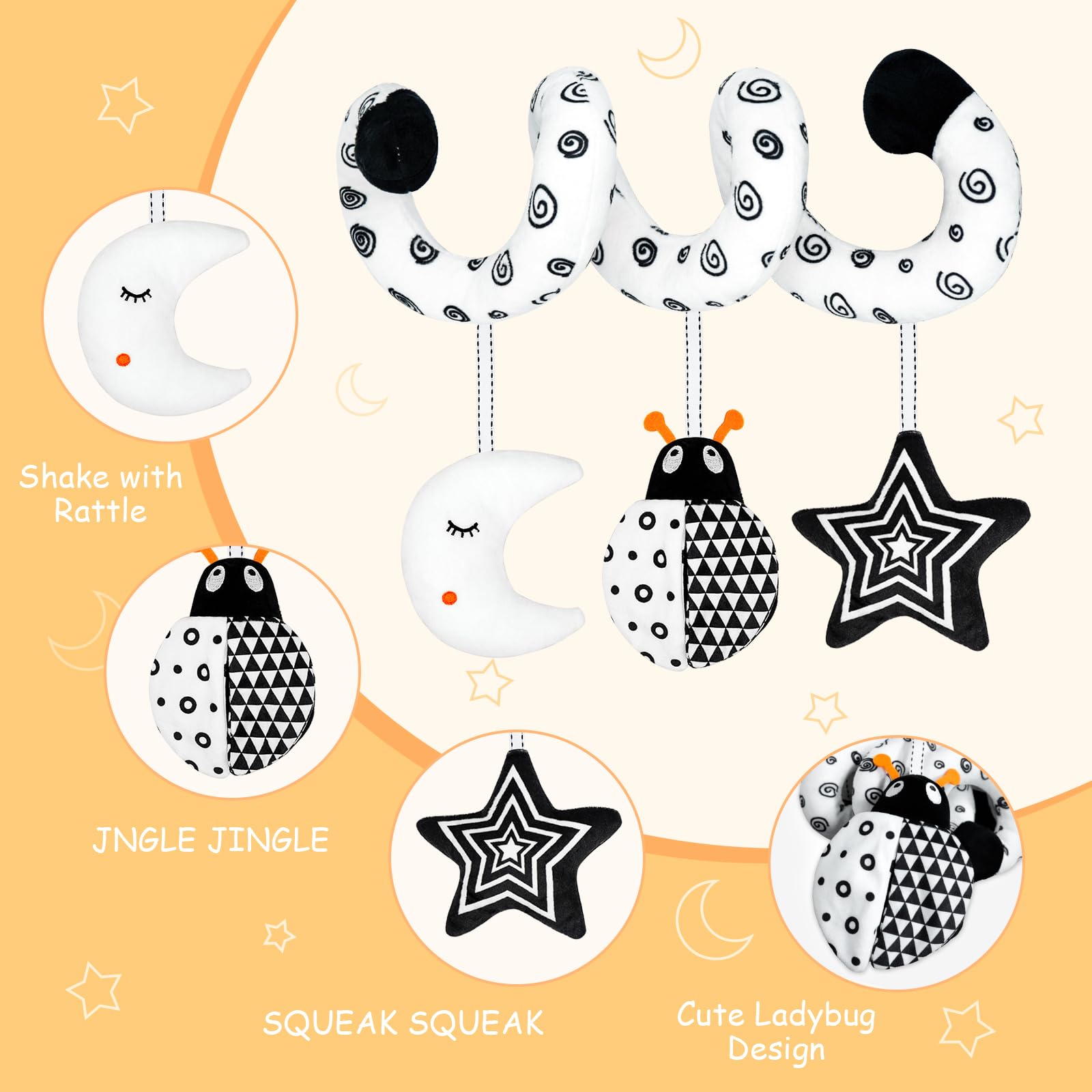 XIXILAND Car Seat Toys for Babies 0-6 Months Boys Girls, Black and White High Contrast Baby Toys 0-3 Months Carseat Toys for Infants 0-6 Months, Stroller Toys Newborn Infant Toys for 0-18 Months