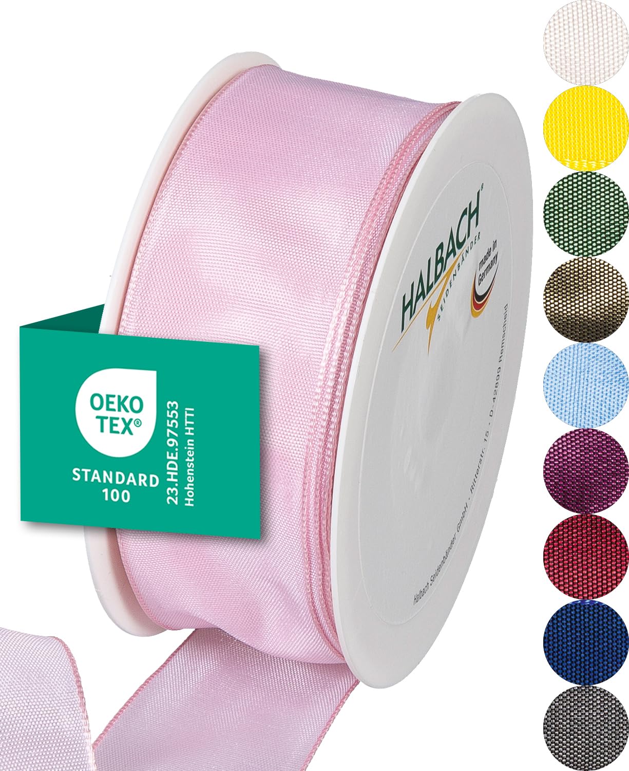 Halbach Seidenbänder Premium Gift Ribbon With Wired Edge - 40 mm Width, 25 m Length - Oeko-Tex 100 Certified Taffeta, Made in Germany - Light Pink — image 1