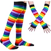 Chalier Womens Rainbow Socks Striped Knee High Socks Arm Warmer Fingerless Gloves Set