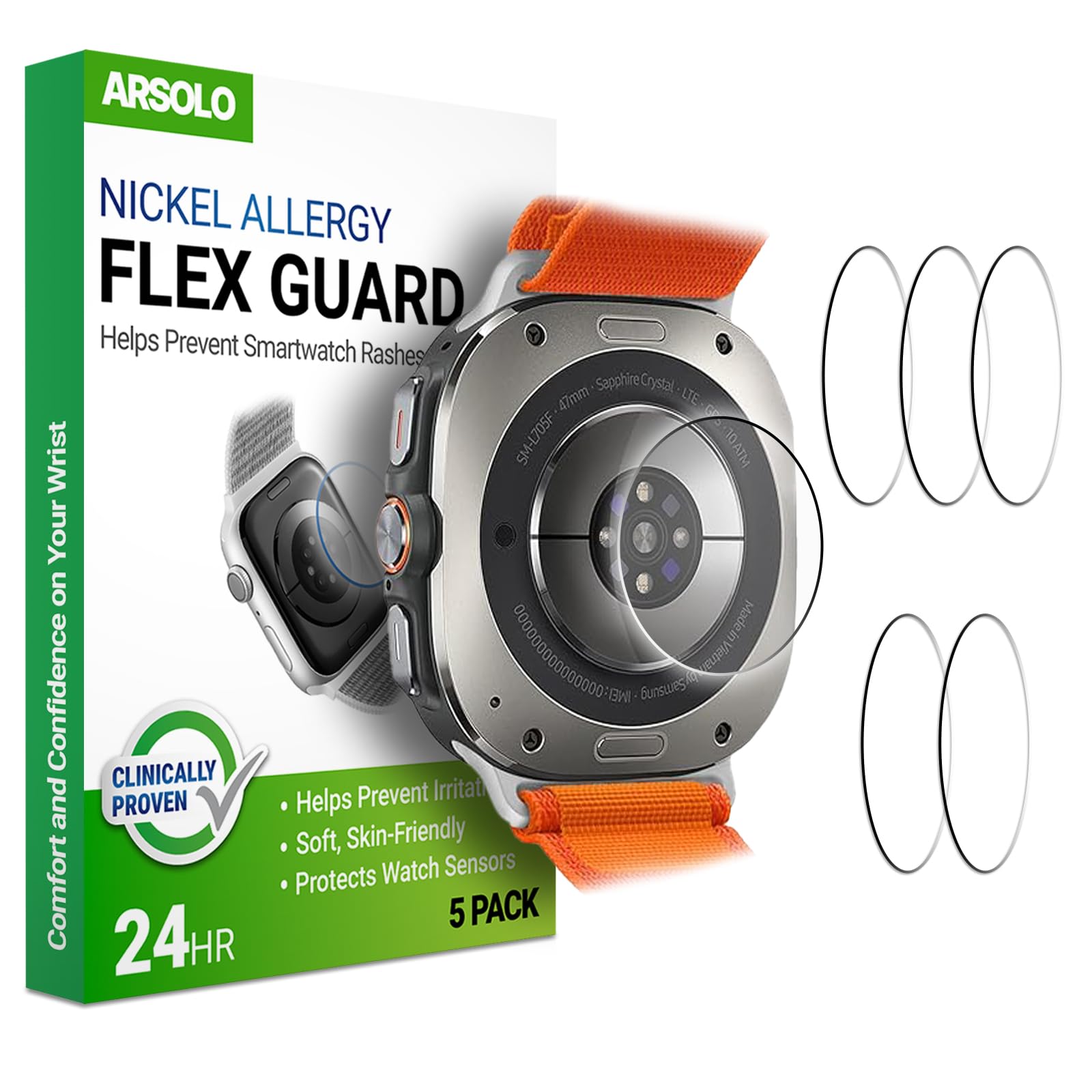 Photo 1 of Arsolo Nickel Metal Allergy Back Protector for Samsung Galaxy Watch Ultra (2025/2024), Prevent Rash, Contact Dermatitis, Soft Film, Sensor Protector, Back Cover - 5 Pack