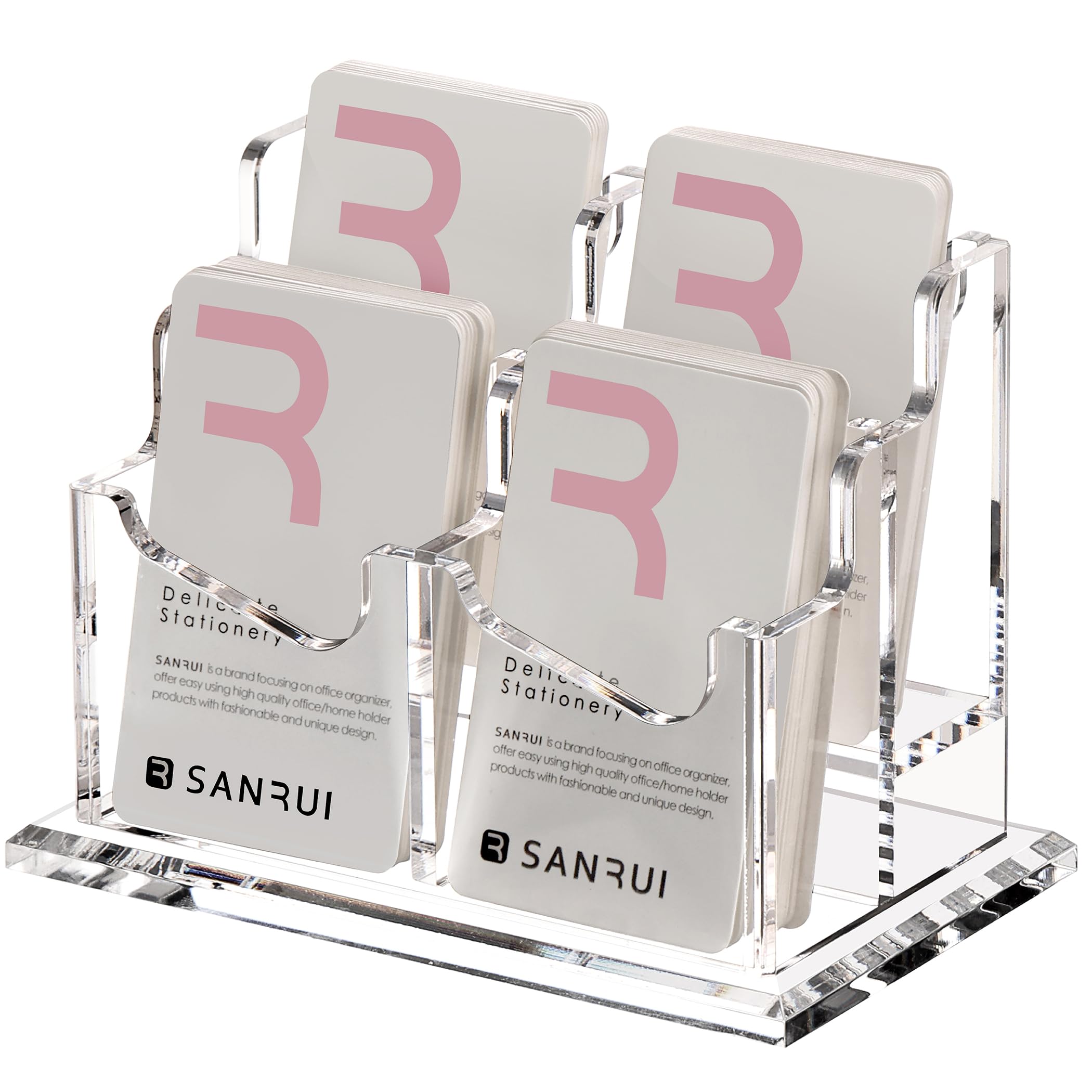 SANRUI Acrylic Vertical Business Card Holder for Desk，Clear Business Card Display Stand Organizer Storage Rack for Exhibition, Home , Office ,4 Slots 2 Tier, Holds 200 Cards