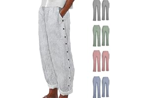 GOBUQIRAN Pinstripe Pants Women Plus Size Linen Capris for Women High Waist Dress Pants Wide Leg Woman Side Button Pants Cute