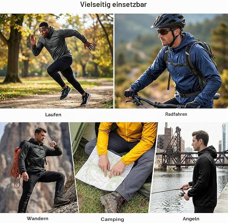 Regenjacke Faltbar Kapuze Wasserdichte, Sportjacke (Schwarz, M)