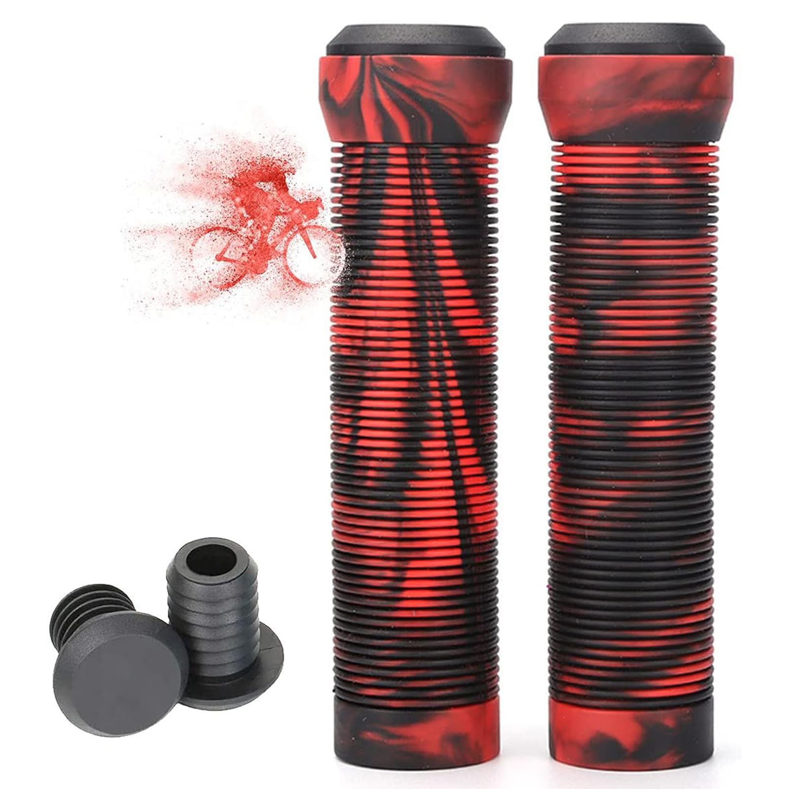 LORESJOY MTB Rubber Bike Grips 2 Pieces Bicycle Handlebar Protector Soft Non-slip Ergonomic with End Caps for Mountain/Road/Mountain Bike (Red)