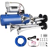 Train Horn Kit with Air Tank, 4 Trumpet Air horns with 1.6Gal Air Pump Tank | 12v 180dB silver truck horn kit with 150 PSI 1.6 gallon blue air tank, for truck, jeep, pickup, suv, bus, train