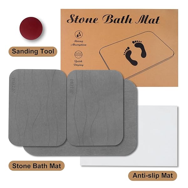 JIZEUO STONE BATH MAT, SET OF 3,DIATOMACEOUS EARTH SHOWER MAT, NON-SLIP SUPER ABSORBENT QUICK DRYING BATH MAT FOR BATHROOM FLOOR, GREY