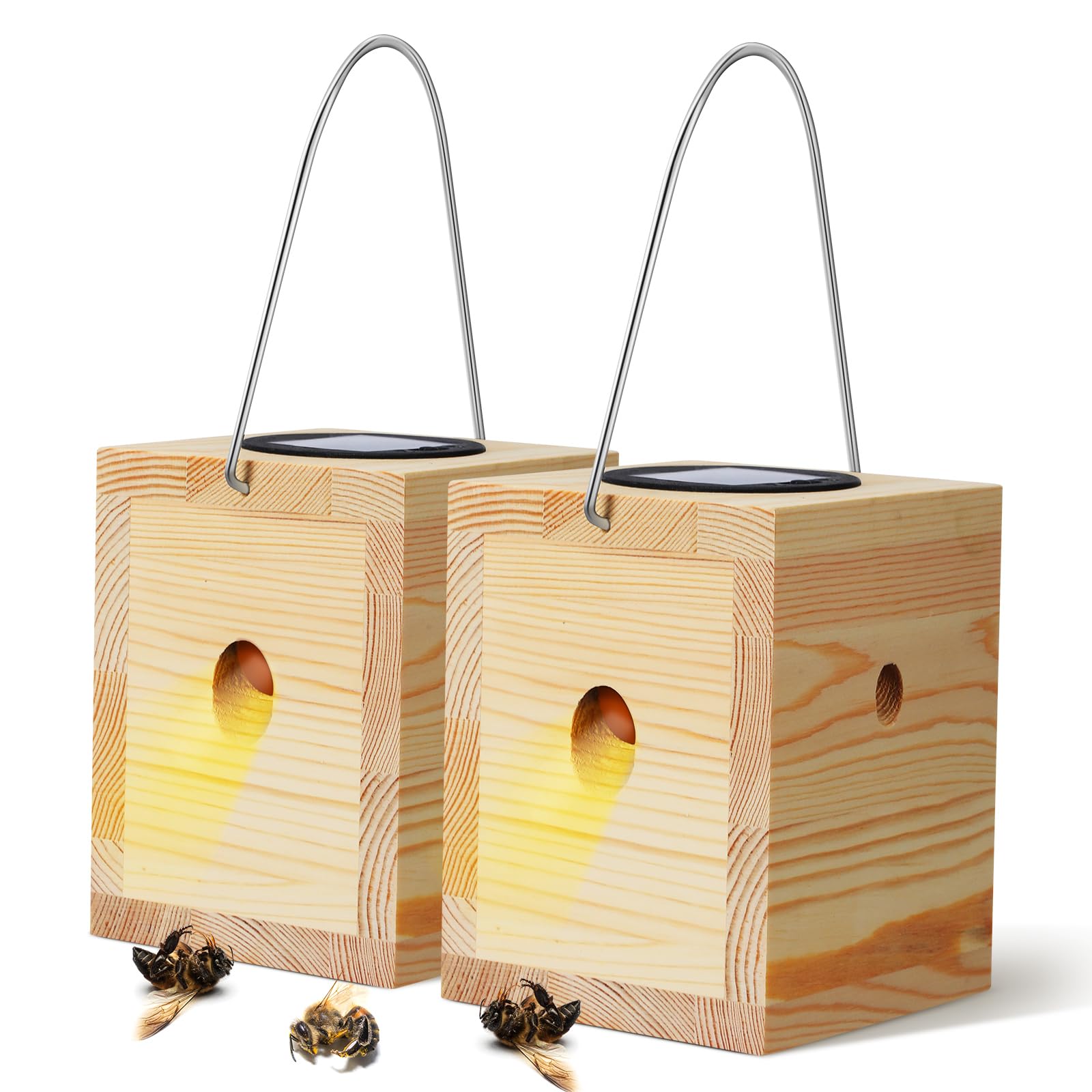 Qualirey 2 Pack Wood Carpenter Bee Traps with Solar Lights, Wasp Traps ...