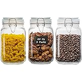 LOOIOOJ 50oz Square Glass Food Storage Jars with Airtight Clamp Lids, 3 Pack Large Kitchen Canisters for Flour, Cereal, Coffee, Pasta and Canning, Mason Jar (Clear 50oz Square - 3 sets)