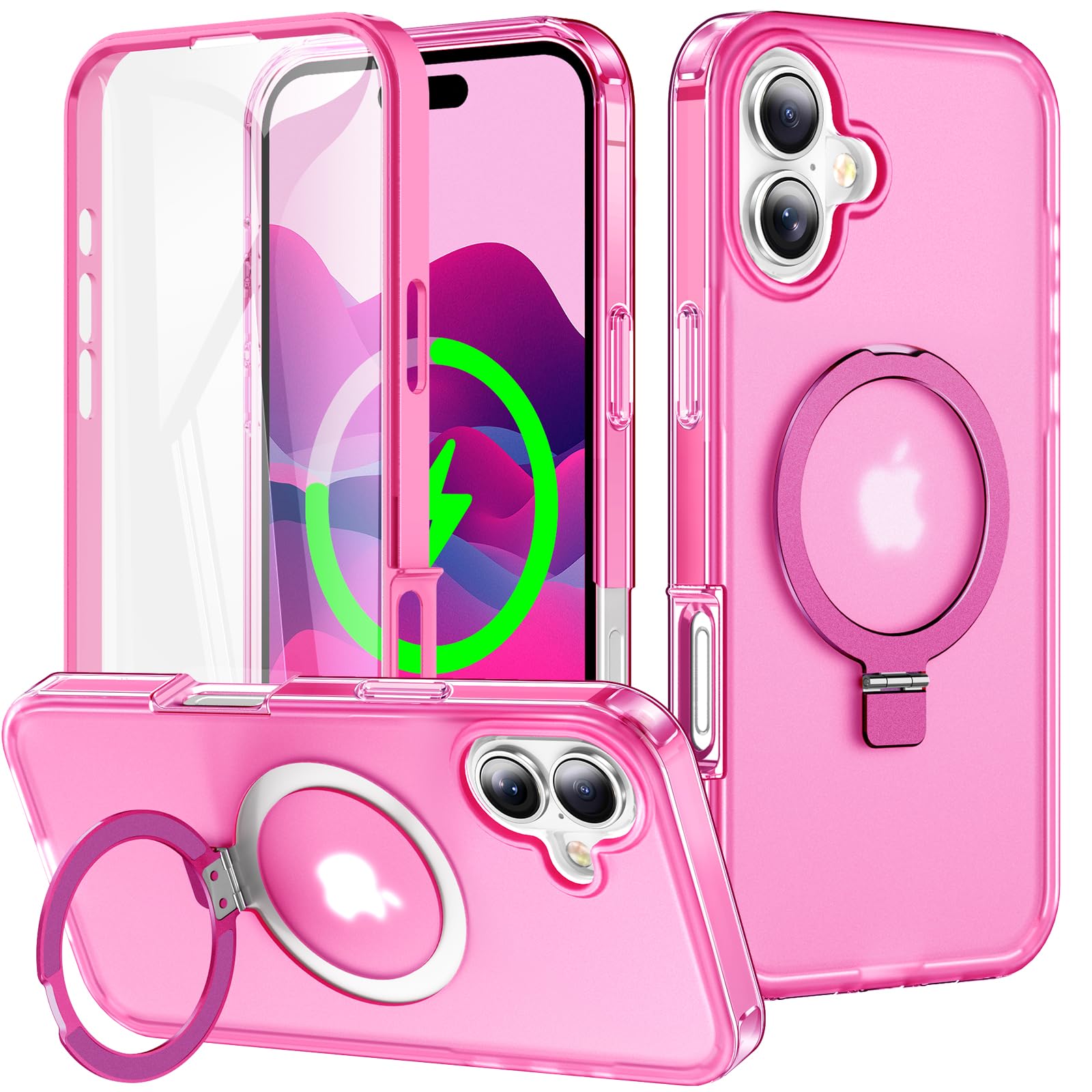 Unichthy Magnetic Case for iPhone 16 Cover with Finger Ring Holder Stand |Built-in Screen Protector| 360 Full Body Cover Matte Finish Translucent Shockproof PC Phone Case for iPhone 16 Deep Pink