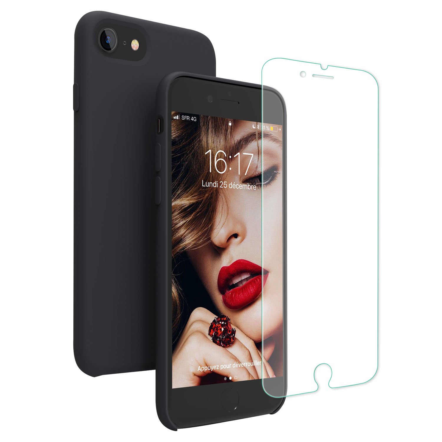 Coque iPhone 7 / 8 , JASBON Coque Silicone Liquide Anti-rayure avec Protecteur d\'écran Gratuit, Housse Protection Silicone Anti-patinage Gel Case de Style Classique pour iPhone 7 / 8 - Noir