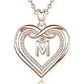 Vito Rosed Gold Initial Necklaces for Women, CZ Double Heart Letter A to Z Pendant Neckless Dainty Infinity Alphabet Jewelry Gift, 18"