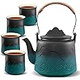 ZENS Vintage Japanese Tea Set, Gradient Embossed Ceramic Japanese Teapot with 4 Teacups, Hemp Rope Handle 33.8 oz Loose Leaf Teapot with Built-in Strainer for Tea Steeper Gifts, Black & Green
