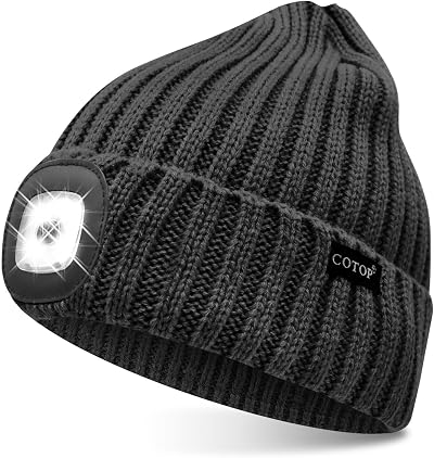 COTOP LED Beanie Hat USB Rechargeable 4 LED Headlamp Winter Knitted Black