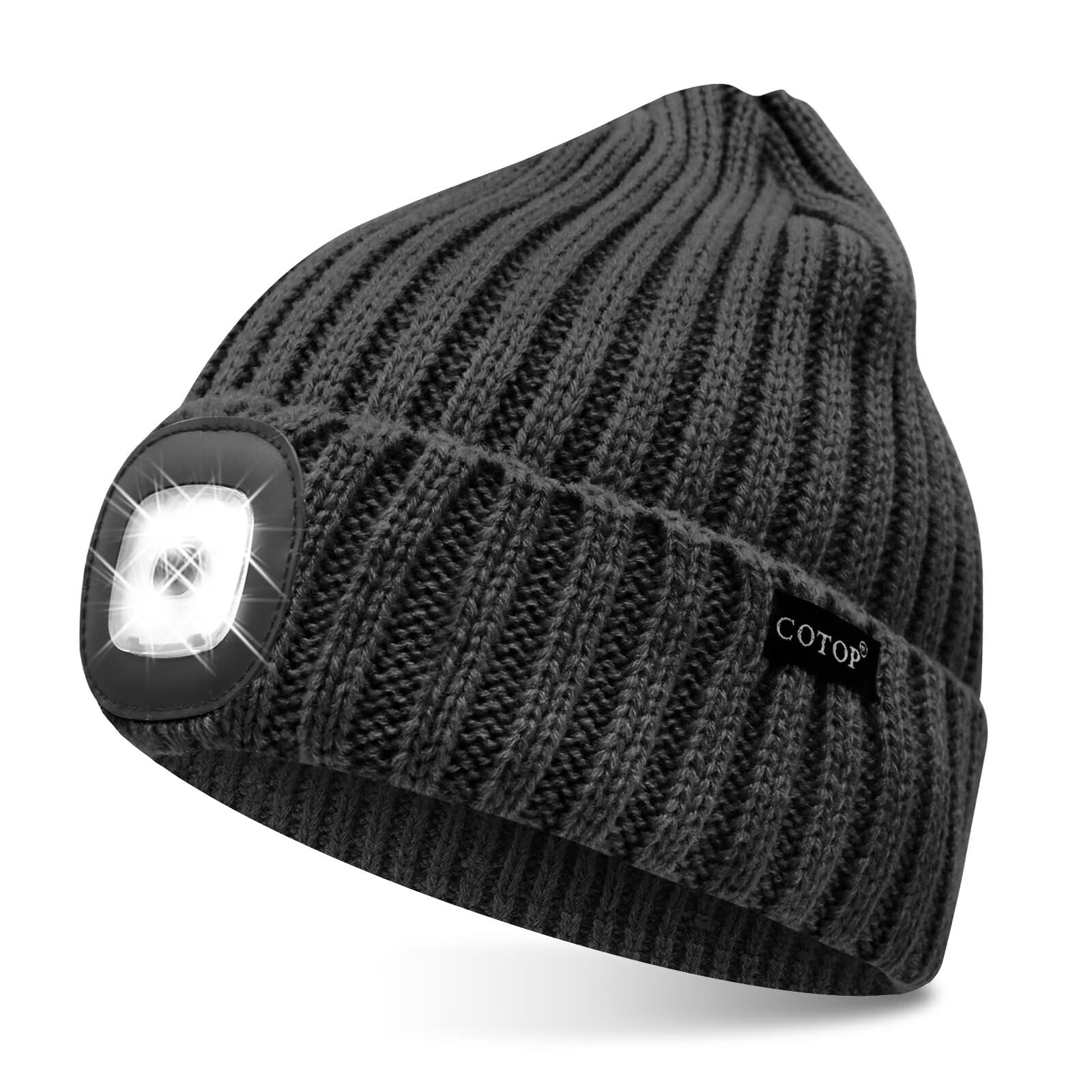COTOP LED Beanie with Light,USB Rechargeable Hat Hands Free 4 LED Headlamp Cap Winter Knitted Night Lighted Hat Flashlight Women Men Gifts for Dad Him Husband Black