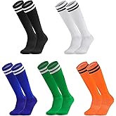 Elfcool 5 Pairs Kids Soccer Socks Youth Knee High Striped Tube Football Baseball Socks for Boys Girls 6-12 Years Old