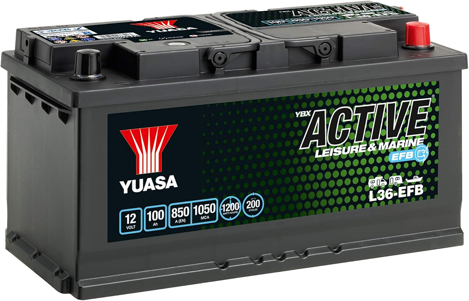 Yuasa L36-EFB 12V 100Ah 850CCA EFB High Performance Leisure Battery, 353 mm x 175 mm x 190 mm