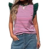 Mieazom Women's Ruffle Cap Short Sleeve Striped T Shirts Summer Casual Loose Fit Top Basic Tee Tunic Tops