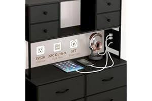 12 Drawer Fabric Dresser with Charging Station & LED Lights – Tall Storage Cabinet with Open Shelves & Wooden Top – Metal Fra