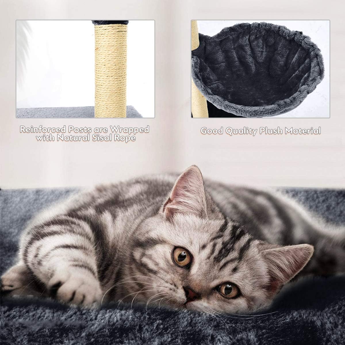 Mellcom Cat Tree Condo with Scratching Posts Perches, Cat Basket Lounger and Ladder, 56" Multi-Level Deluxe Cat Tower Kitten Play House (Grey) : Pet Supplies