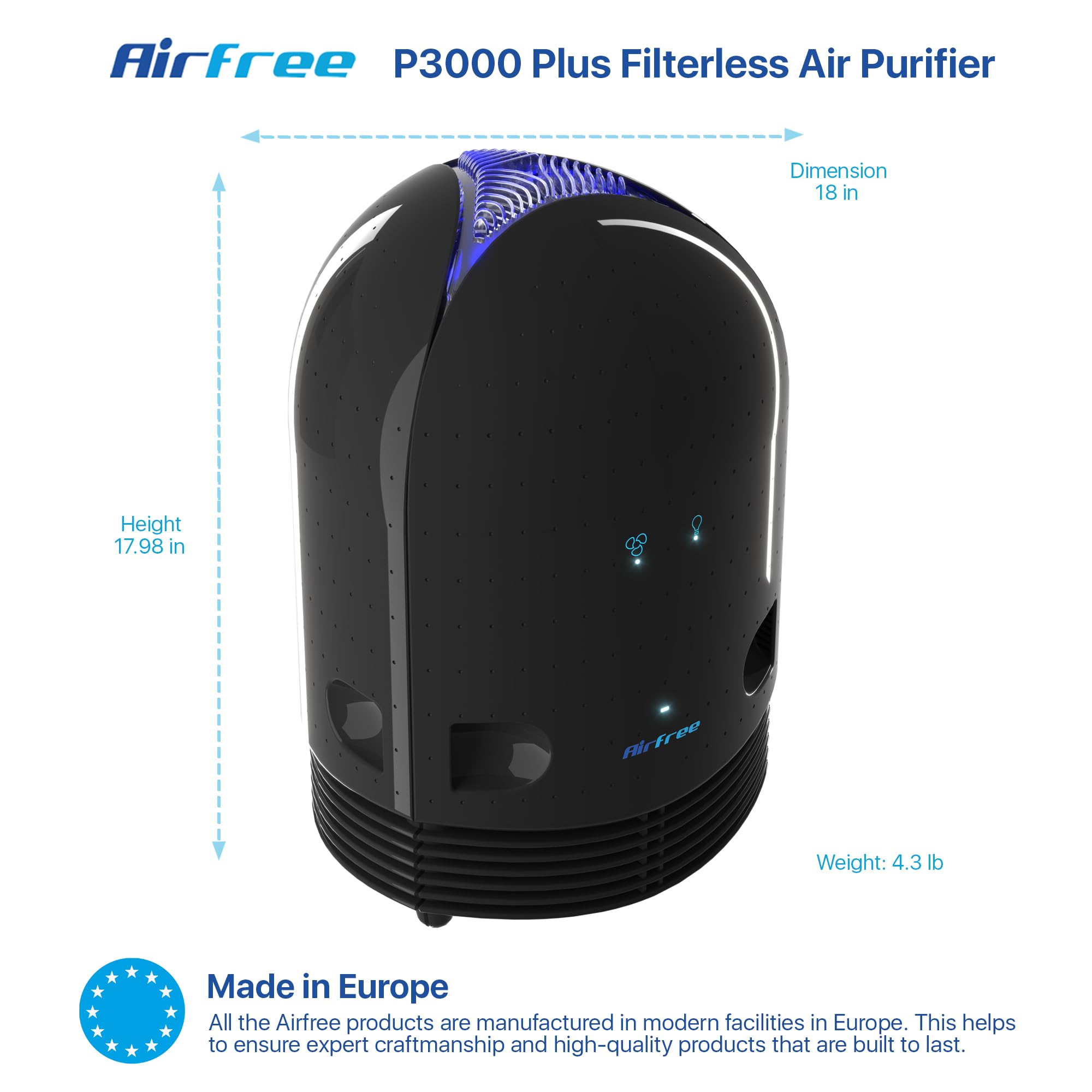 Airfree P3000 New 2025 Design, Silent, Maintenance-free, filterless, efficiently destroys mold, allergens, bacteria, viruses. Air Sterilization core lasts up to 20 years, Extra boost when needed