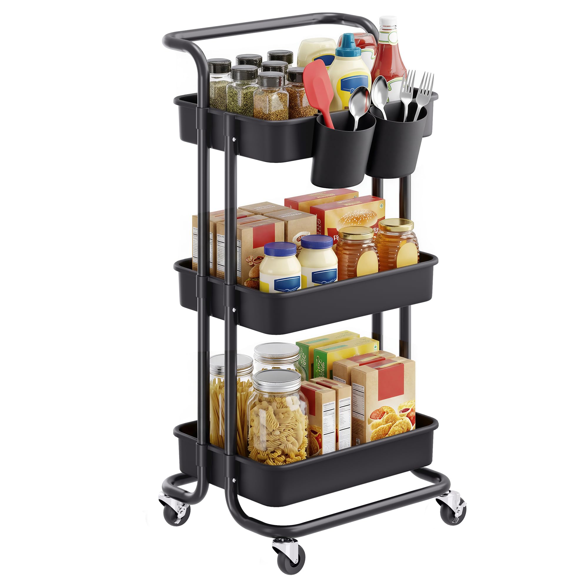 SONGMICS Rolling Cart, 3 Tier Storage Cart, with Handle, 2 Small Organizers, Steel Frame, Plastic Baskets, for Bedroom, Laundry Room, Bathroom, Black BSC067B01