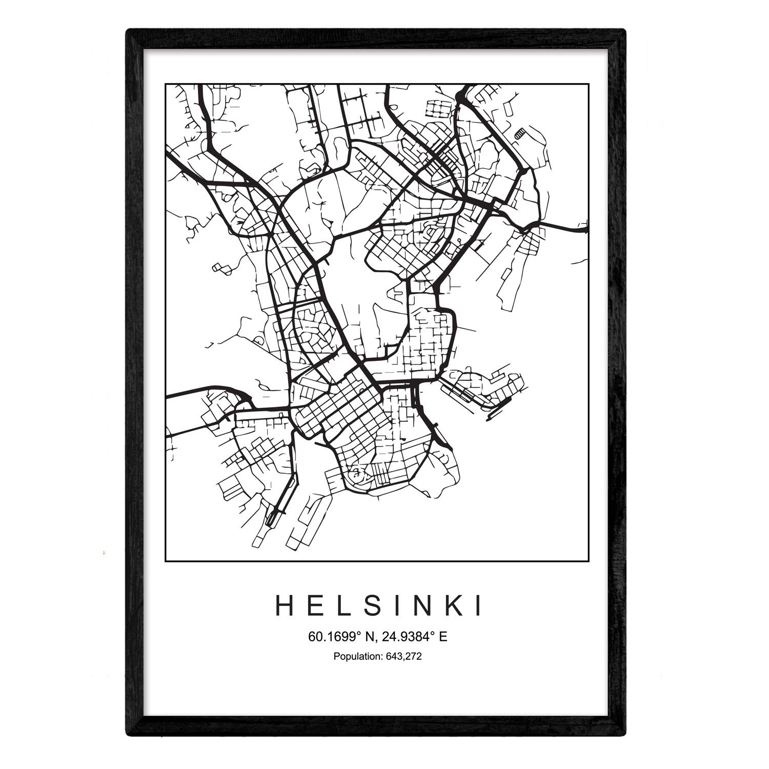 Nacnic Print city map Helsinki Scandinavian style in black and white. A3 size,printed poster paper No 250 gr. Paintings, prints and posters for living room and bedroom