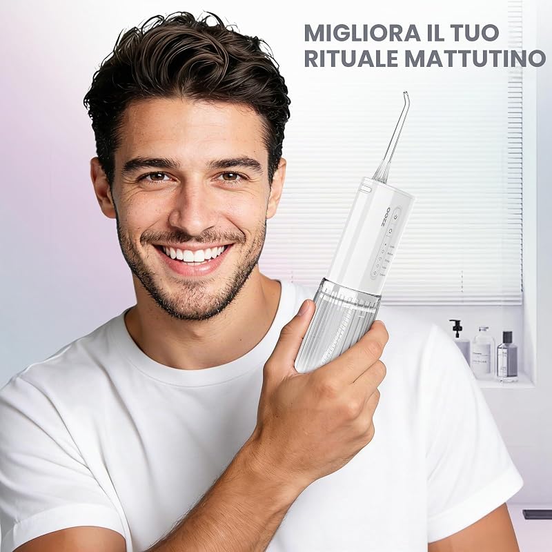 Idropulsore da viaggio, irrigatore orale tascabile senza fili, 5 modalità di pressione, 6 ugelli, design compatto ricaricabile tramite USB, irrigatore orale portatile per denti (Cloud)
