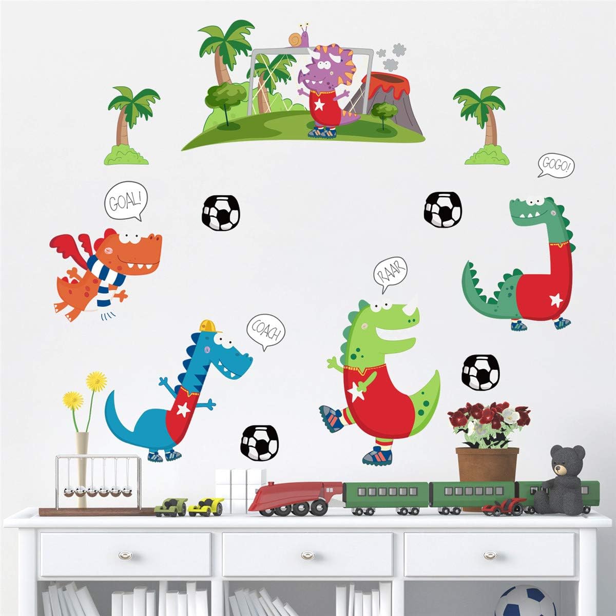 ufengke Cartoon Dinosaur Wall Stickers DIY Tree Football Wall Decals Art Decor for Kids Nursery Boys Bedroom Playroom - Image 4