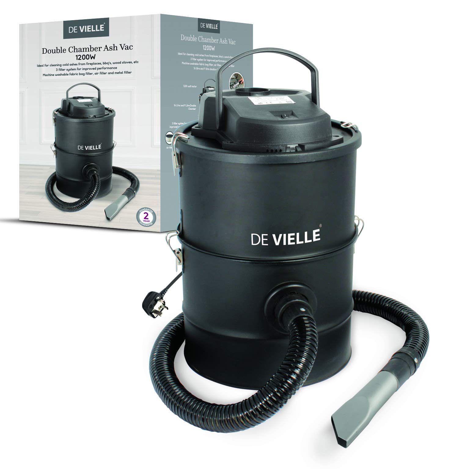 De Vielle Ash Vacuum Cleaner, Metal, Black, 25 Litre
