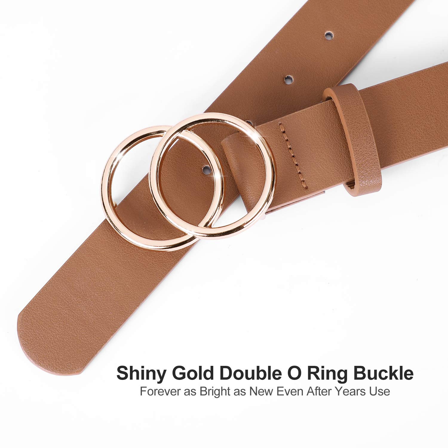 Women\'s Leather Belt for Dress Jeans Fashion Soft Leather with Double O-Ring Buckle