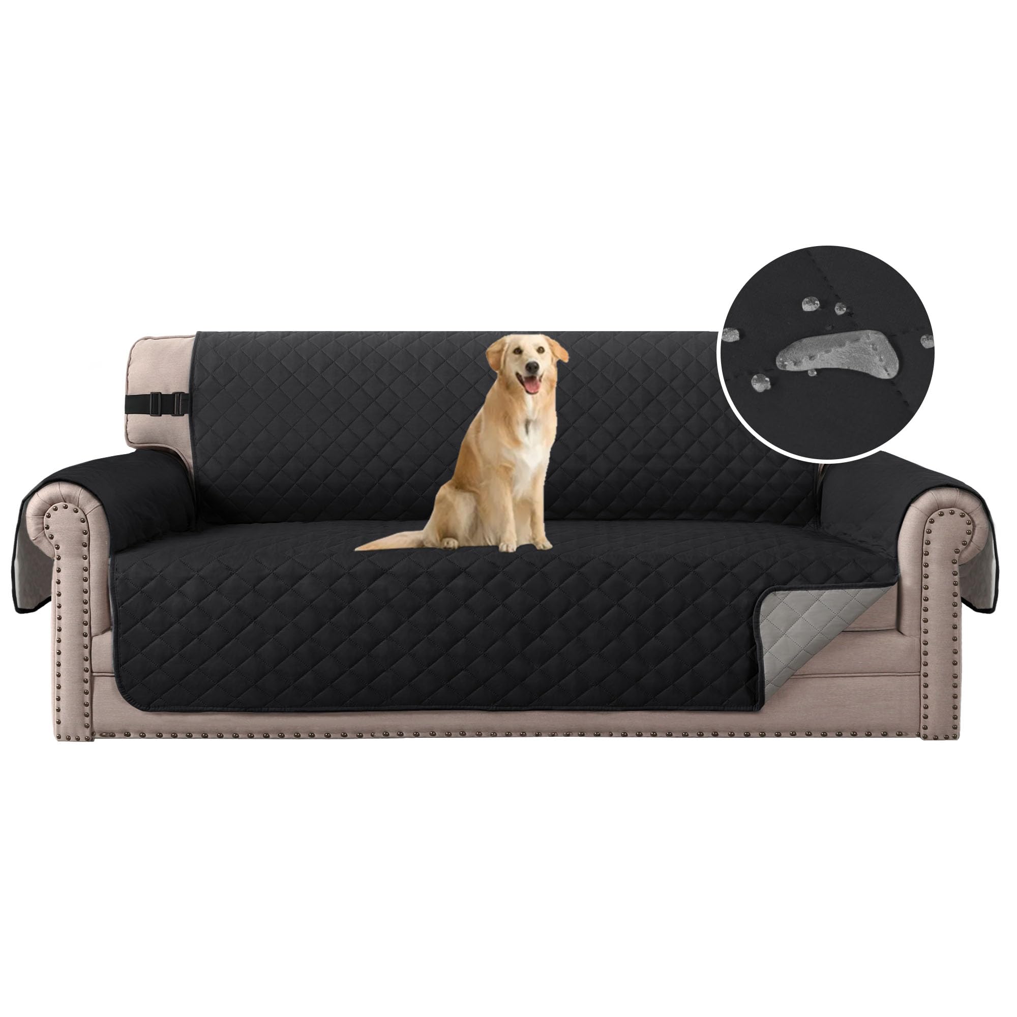 H.Versailtex Reversible Sofa Cover Four Seasons Universal, 3 Seater Water Resistant Sofa Slipcover for Pets with Non Slip Elastic Straps, Machine Washable Sofa Covers for Kids(Black/Gray)
