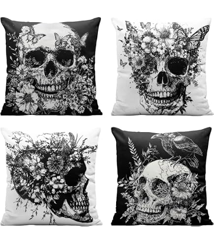 Vintage Black Skull Cushion Cover – Cotton Linen, 18 Inch, Art Decor