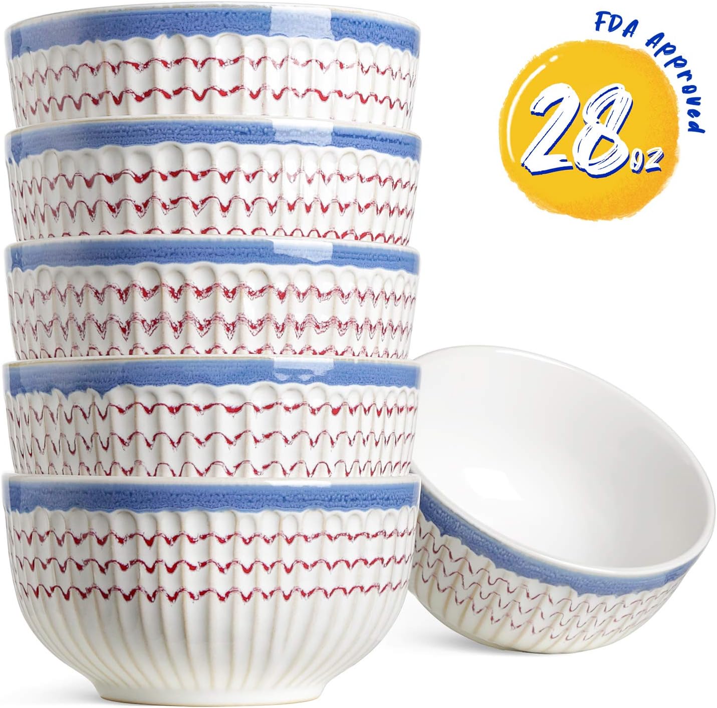 LE TAUCI Ceramic Soup Bowls, 28 Ounce Deep Bowls for Cereal, Salad, Chili, Set of 6, Boho Style