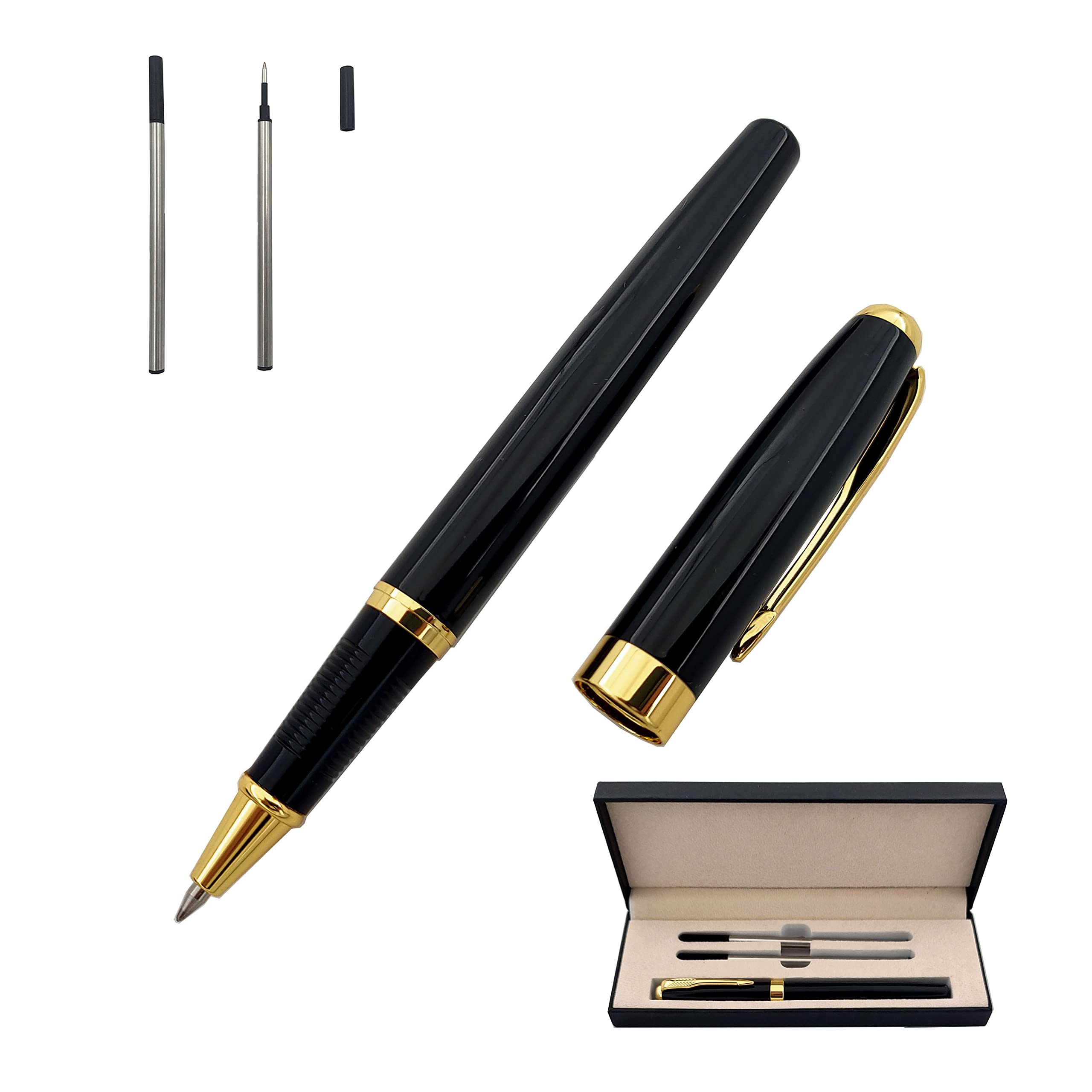 Accod Classic Metal Ballpoint Pen Business Ballpoint Pen Office Signature Pen Gel Pen with 2 Replacement Refills Gift Medium Nib Black Rollerball Pen for Men and Women (Black)