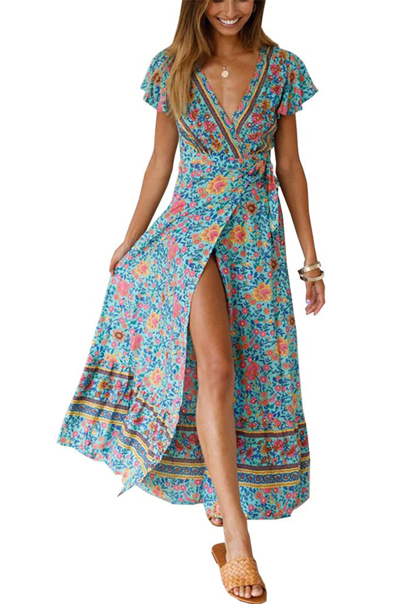 PRETTYGARDEN Women's Casual Long Summer Dresses Boho Floral Wrap V