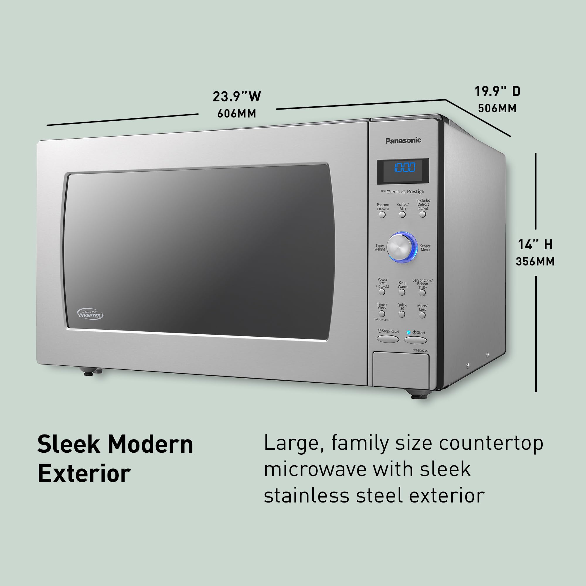Panasonic Oven with Cyclonic Wave Inverter Technology, 1250W, 2.2 cu.ft. Countertop Microwave with Genius Sensor One-Touch Cooking – NN-SD975S (Stainless Steel/Silver), Stainless