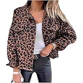 xxxiticat Women's Leopard Print Denim Jacket Long Sleeve Animal Printed Raw Hem Button Down Cropped Jean Coat Outerwear