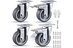 VM VIMA 4 Inch Castets Set of 4 Heavy Duty Caster Wheels with Brake 2200Lbs Swivel TPR Rubber Wheel Silent Castor Locking Industrial Plate Casters Wheels for Cart Furniture Workbench, Free Bolts and Nuts