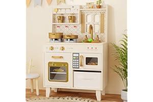 BIERUM Play Kitchen with Realistic Lights & Sounds, Wooden Kitchen Playset Chef Pretend Play Set for Toddlers, Toy Kitchen with 26 Pcs Toy Food & Cookware Accessories, Gift for Ages 3+