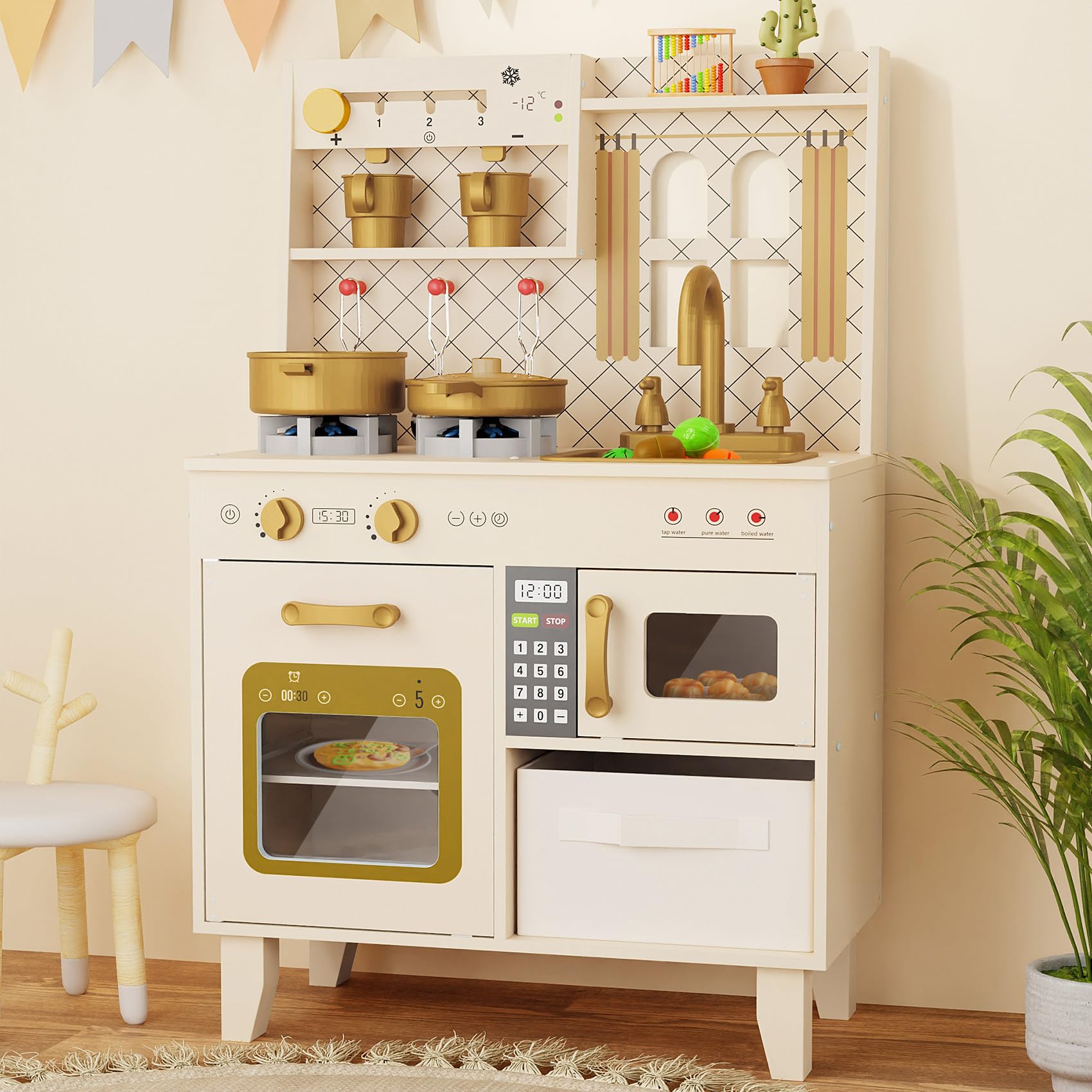 Photo 1 of *****It's missing parts, it's used, it's not known if it works.****BIERUM Play Kitchen with Realistic Lights & Sounds, Wooden Kitchen Playset Chef Pretend Play Set for Toddlers, Toy Kitchen with 26 Pcs Toy Food & Cookware Accessories, Gift for Ages 3+