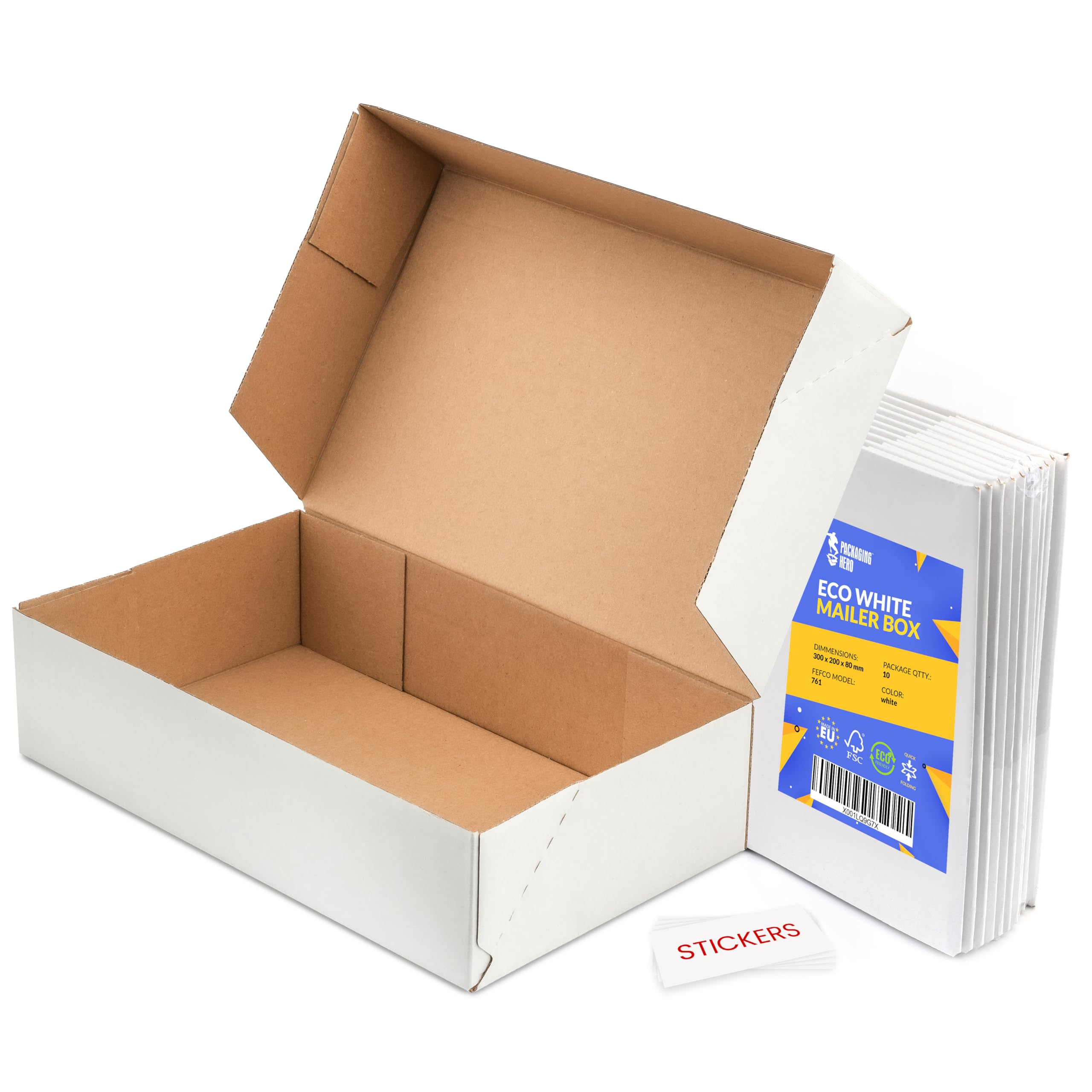 Packaging Hero White 30x20x10 cm (12x8x4 inch) Corrugated Cardboard Mailing Boxes, Free Clear Round Stickers, (9 pack)