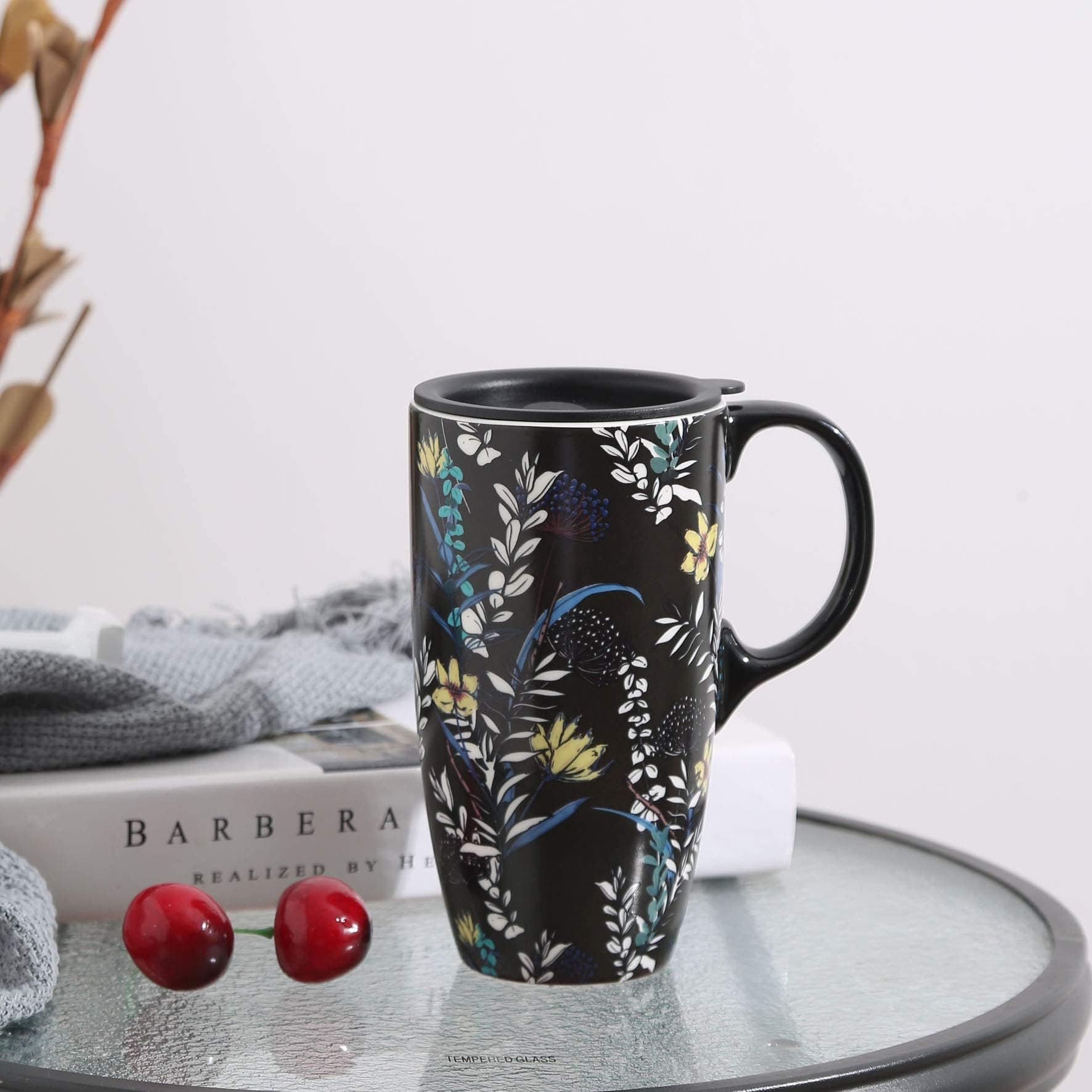DUSVALLY Ceramic Mug Large Coffee Cup Tall Mugs Porcelain Latte Tea Cup with Lid 17oz,Black