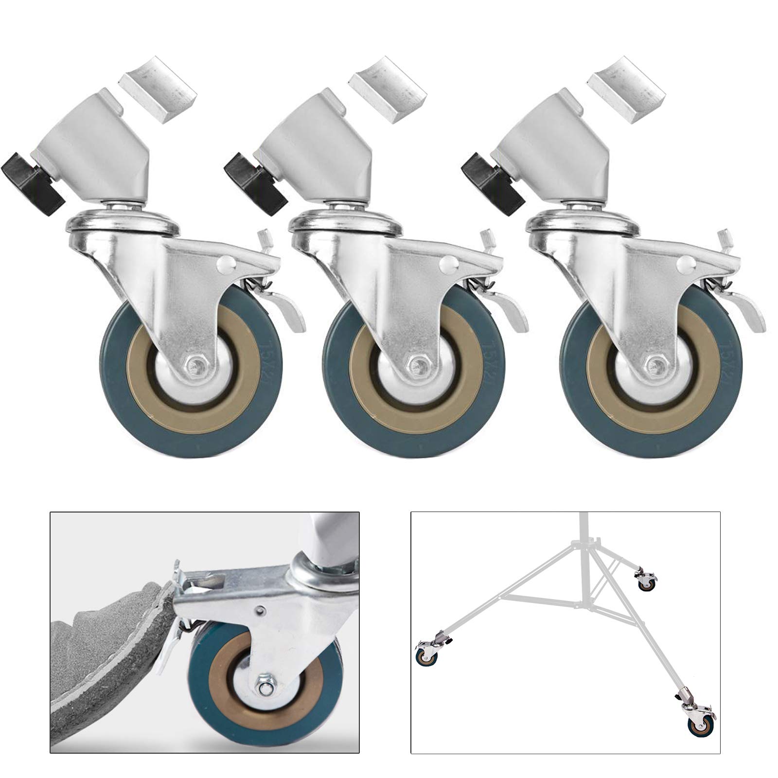 Photography Studio Lockable Swivel Castors with 75mm Wheels, for Light Stands, Tripods Studio Booms, Suitable for 25mm diameter legs