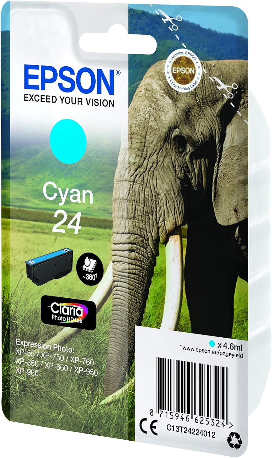 Epson 24 Cyan Elephant Genuine, Claria Photo HD Ink Cartridge, Standard - Image 5
